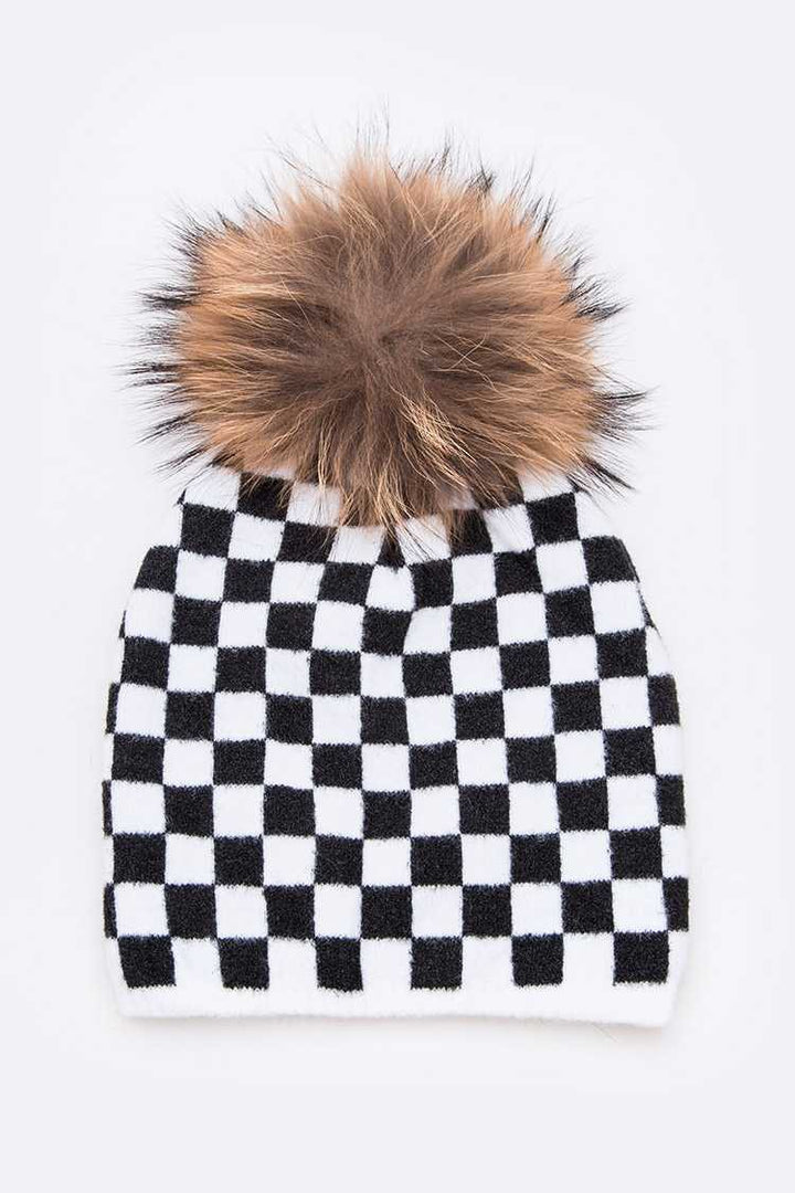 Checker Mix Print Raccoon Fur Pom Iconic Beanie
