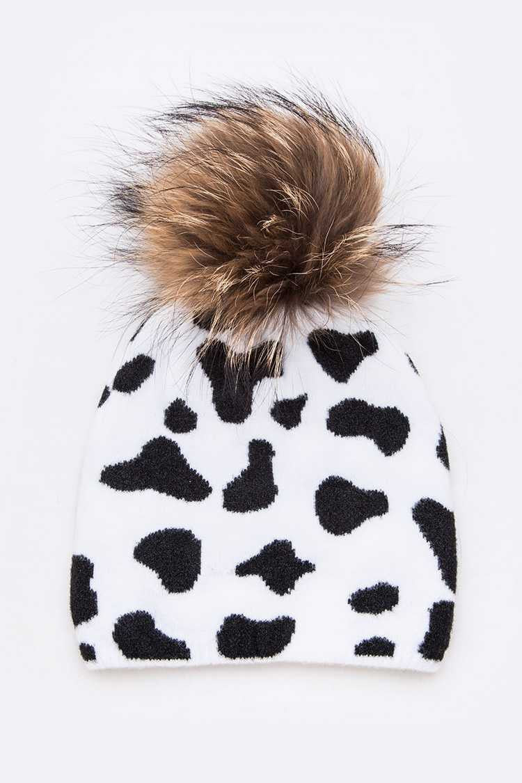 Zebra Mix Print Raccoon Fur Pom Iconic Beanie