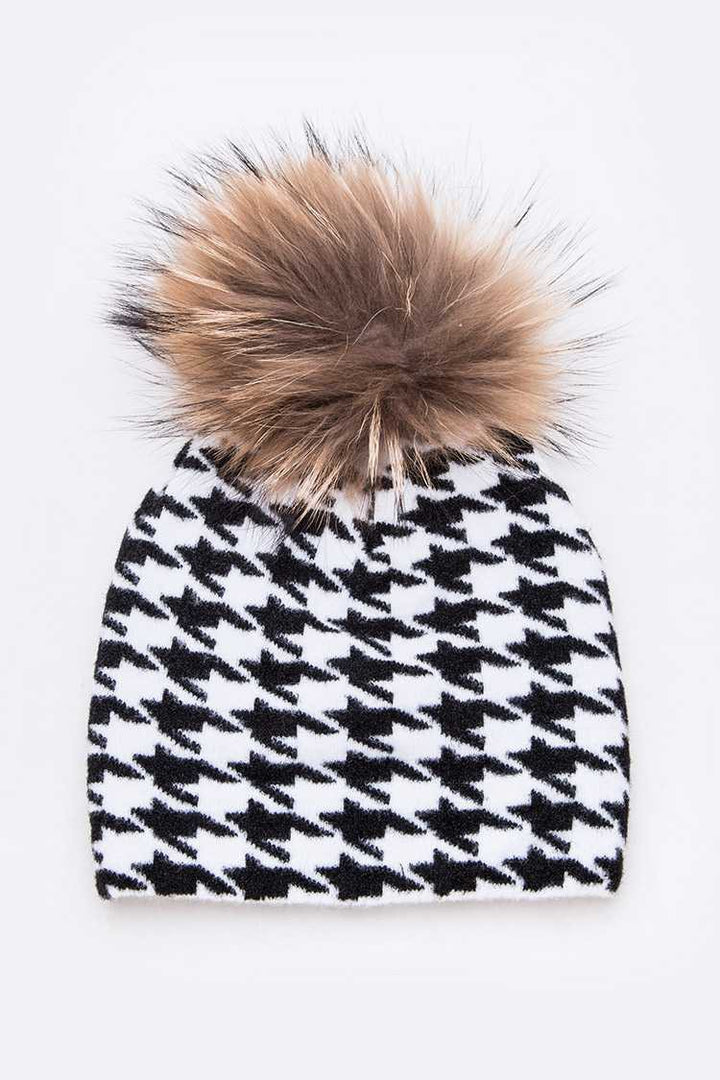 Leopard Mix Print Raccoon Fur Pom Iconic Beanie