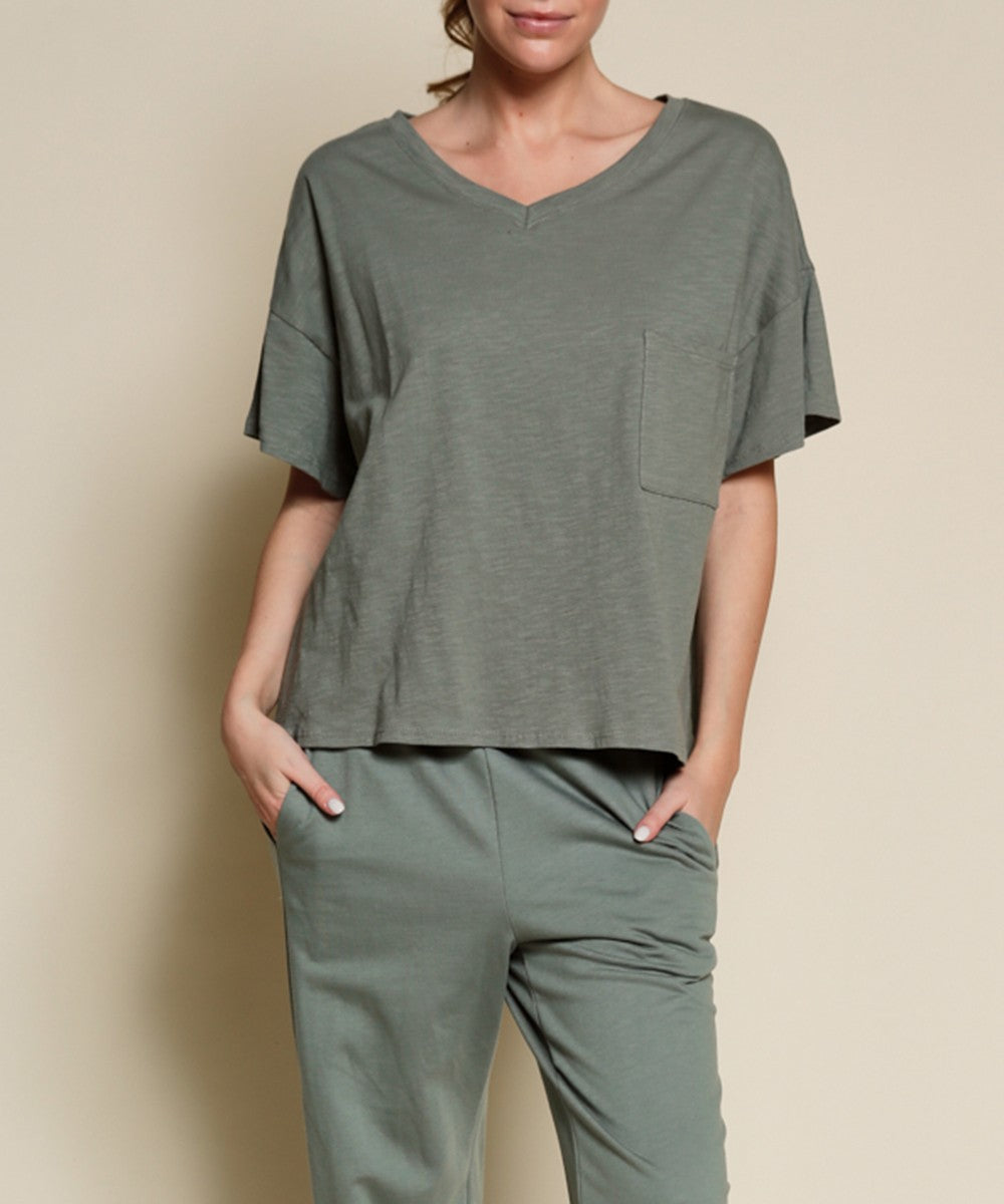 Pocket Oversize V Neck Top