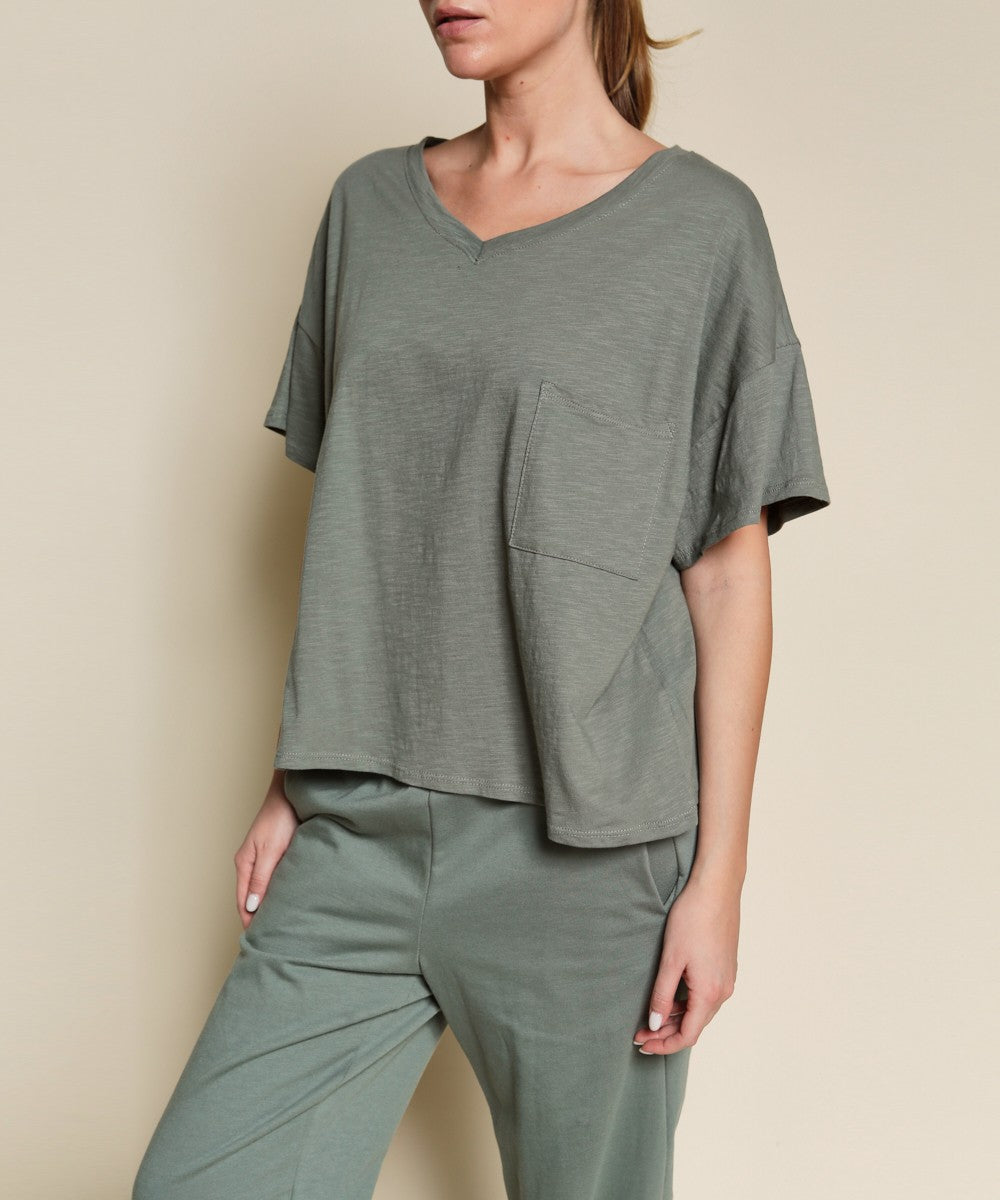 Pocket Oversize V Neck Top