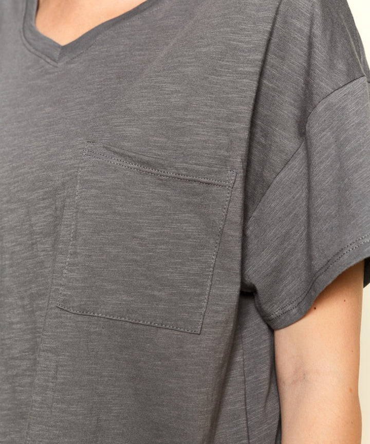 Pocket Oversize V Neck Top