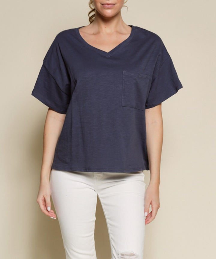 Pocket Oversize V Neck Top