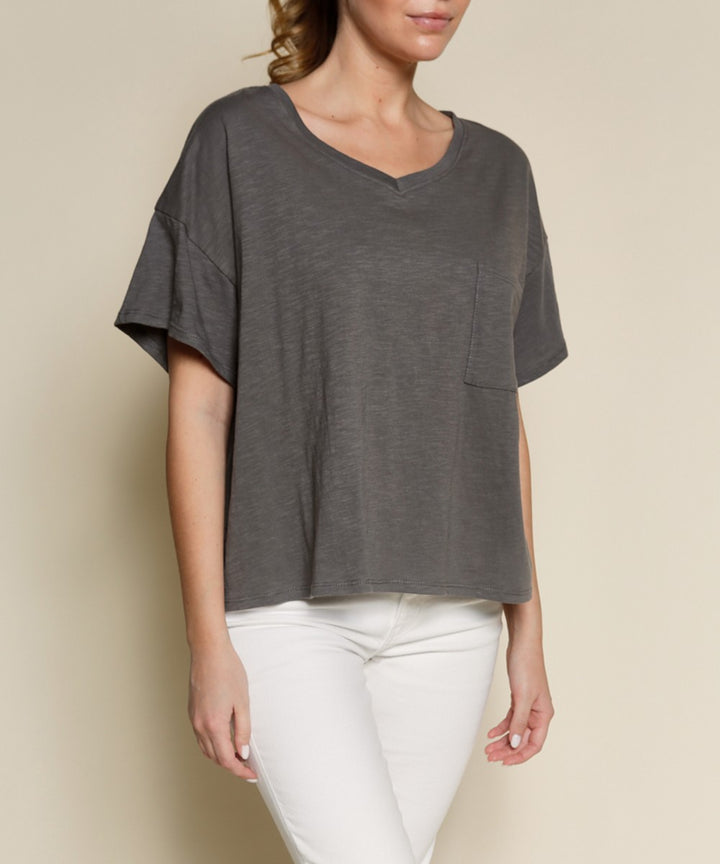 Pocket Oversize V Neck Top