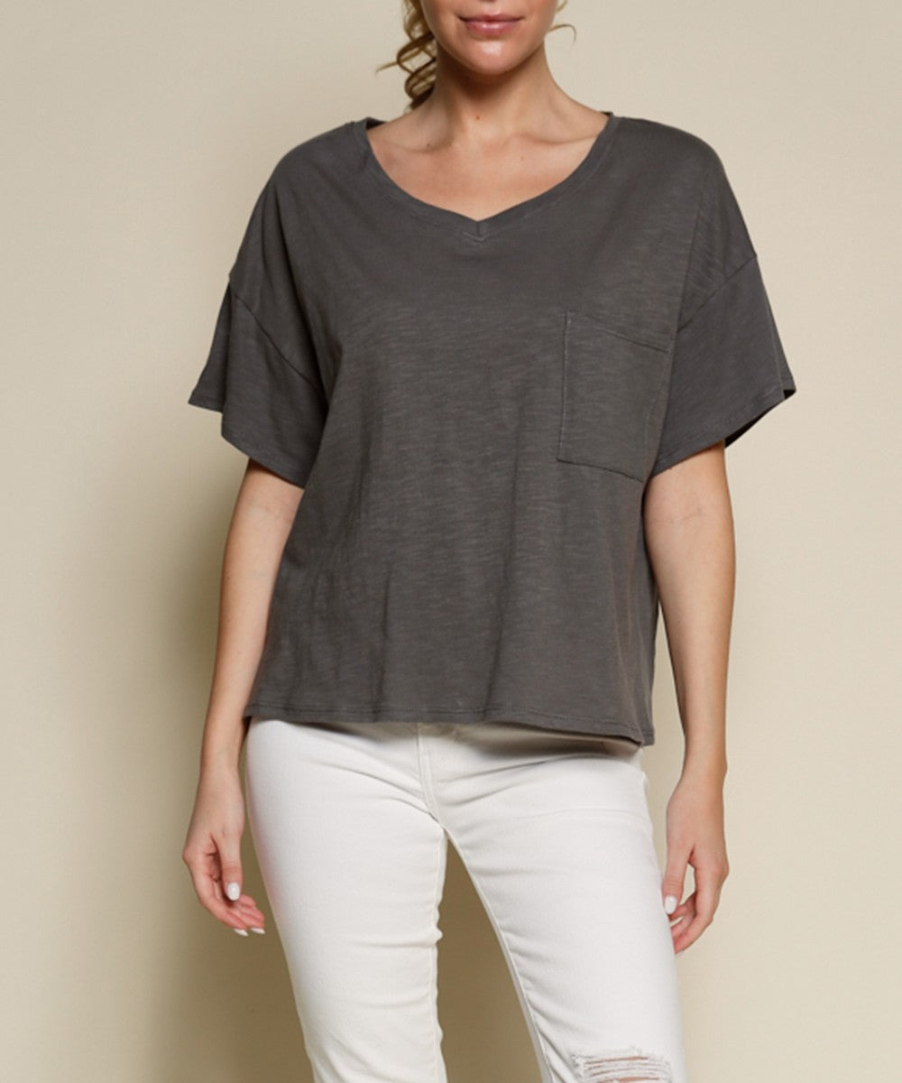Pocket Oversize V Neck Top
