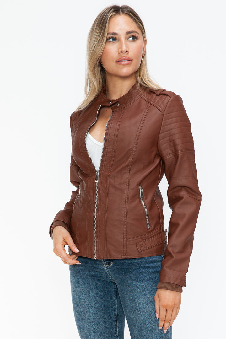 Snobbish Pu Leather Biker Jacket With Side Zip Pockets 4