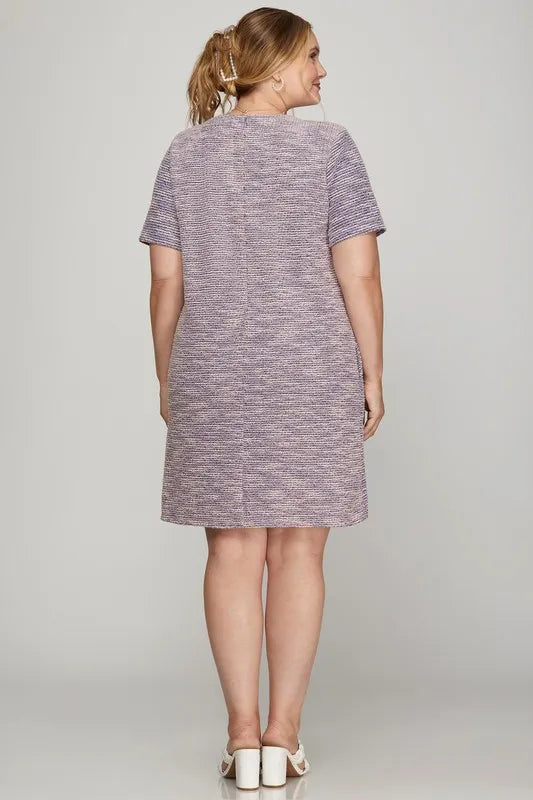 Lilac She Sky Full Size Short Sleeve Pearl Studded Trim Knit Tweed Dress Plus Size 2