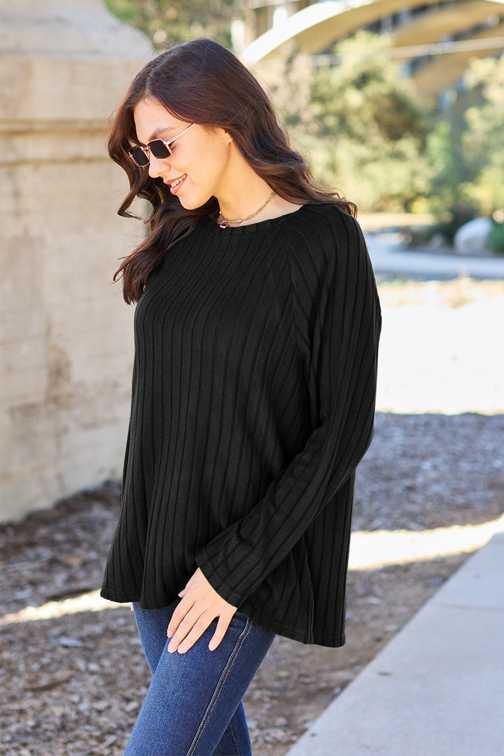Dark Green Basic Bae Full Size Ribbed Round Neck Long Sleeve Knit Top 1