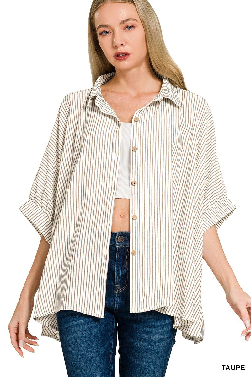 Taupe Zenana Full Size Woven Stripe Button Down Boxy Shirt Plus Size 1