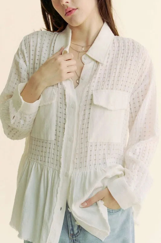 White Davi Dani Garment Washed Jacquard Button Front Shirt 1
