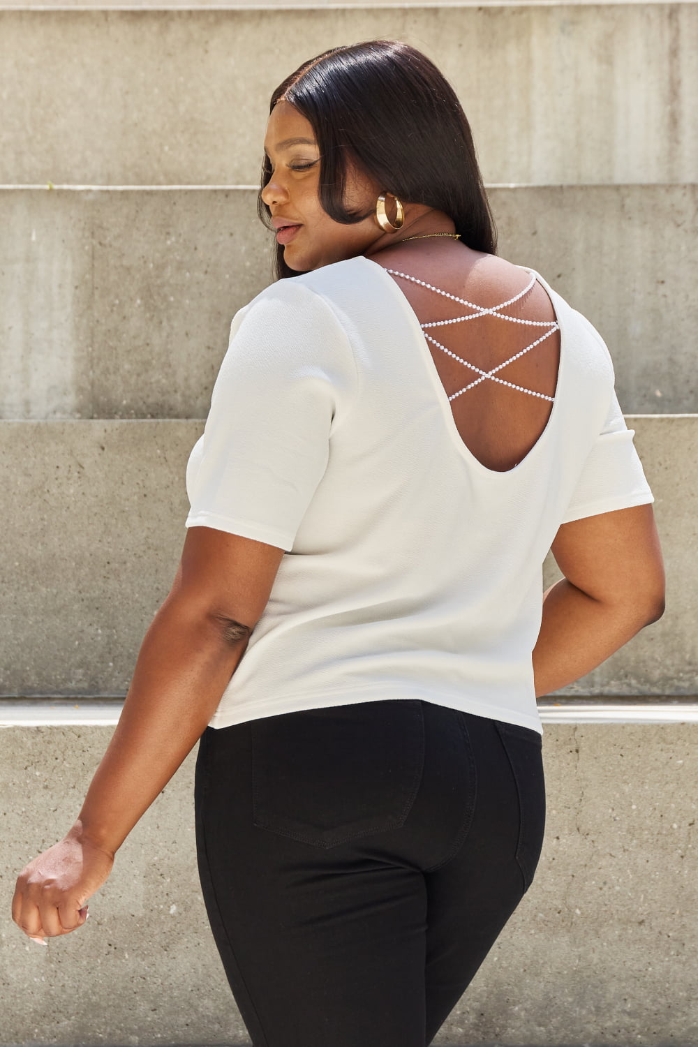 Off White And The Why Pearly White Full Size Criss Cross Pearl Detail Open Back T Shirt
