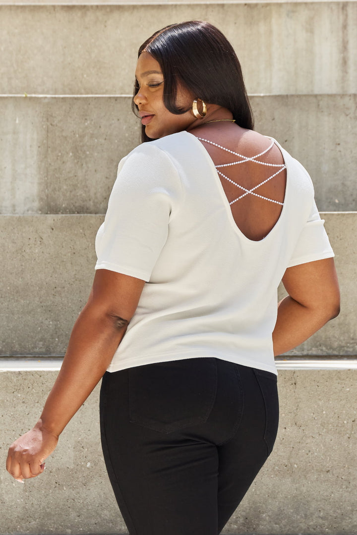 Off White And The Why Pearly White Full Size Criss Cross Pearl Detail Open Back T Shirt