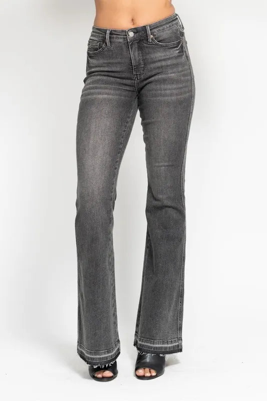 Gry Judy Blue Full Size Mid Rise Tummy Control Washed Gray Release Hem Flare Jeans Plus Size