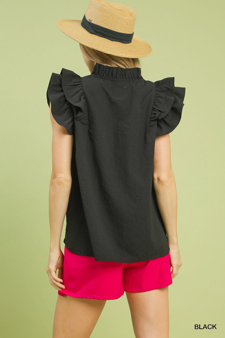Black Umgee Textured Ruffle Sleeve V Neck Blouse