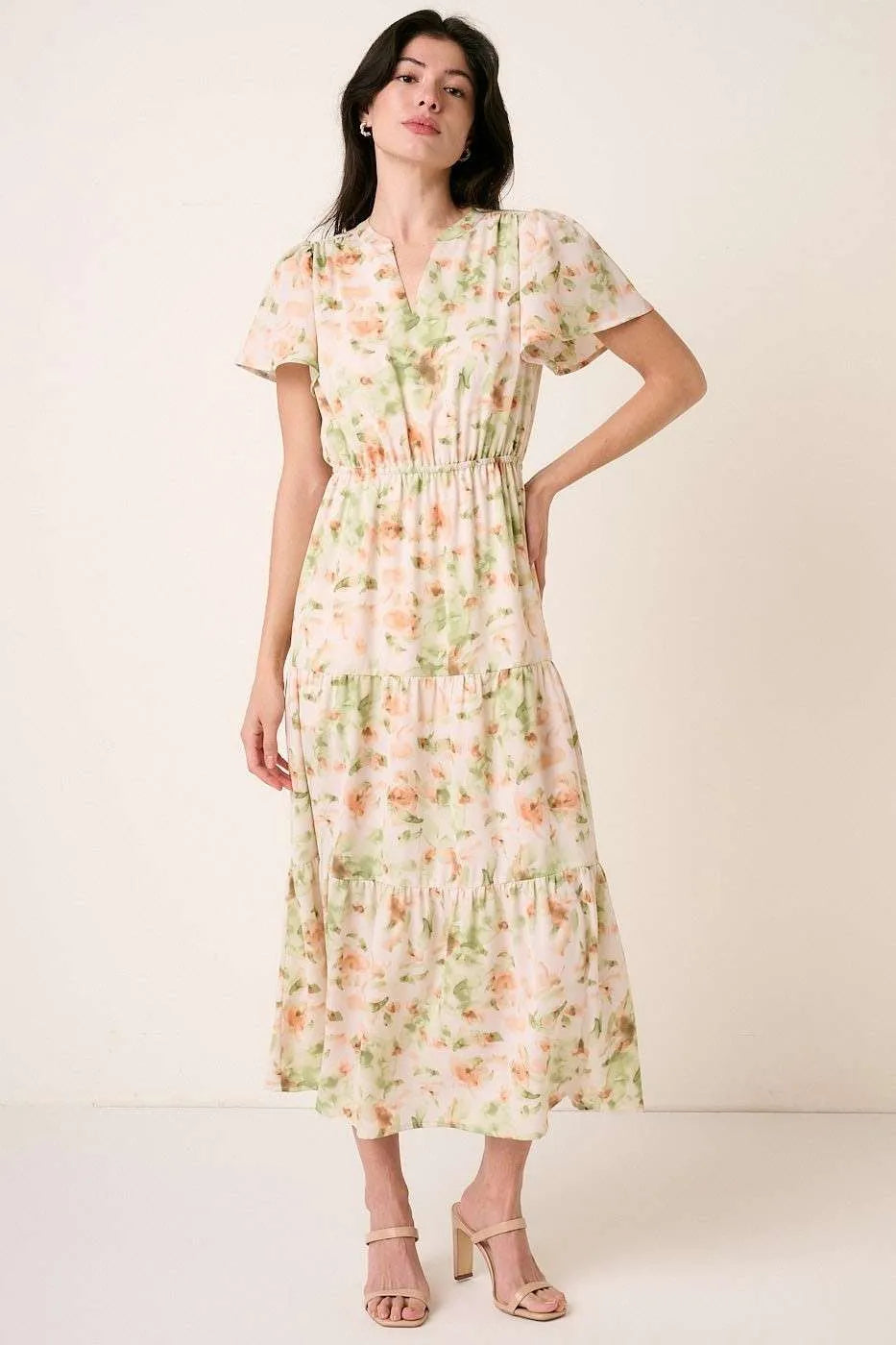 Sage Mittoshop Flower Print Flutter Sleeve V Slit Maxi Dress 1