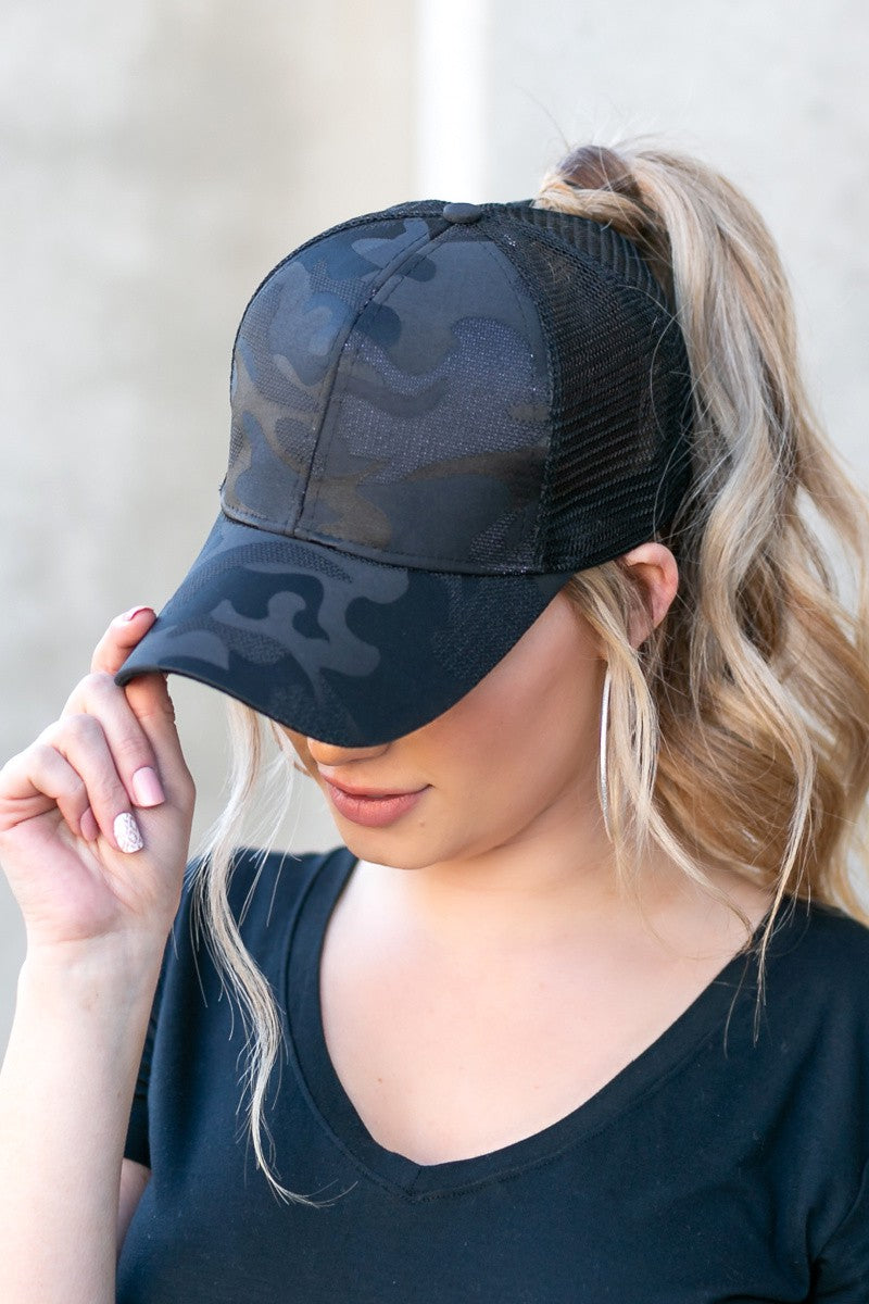 Black Camo Messy Bun Cap