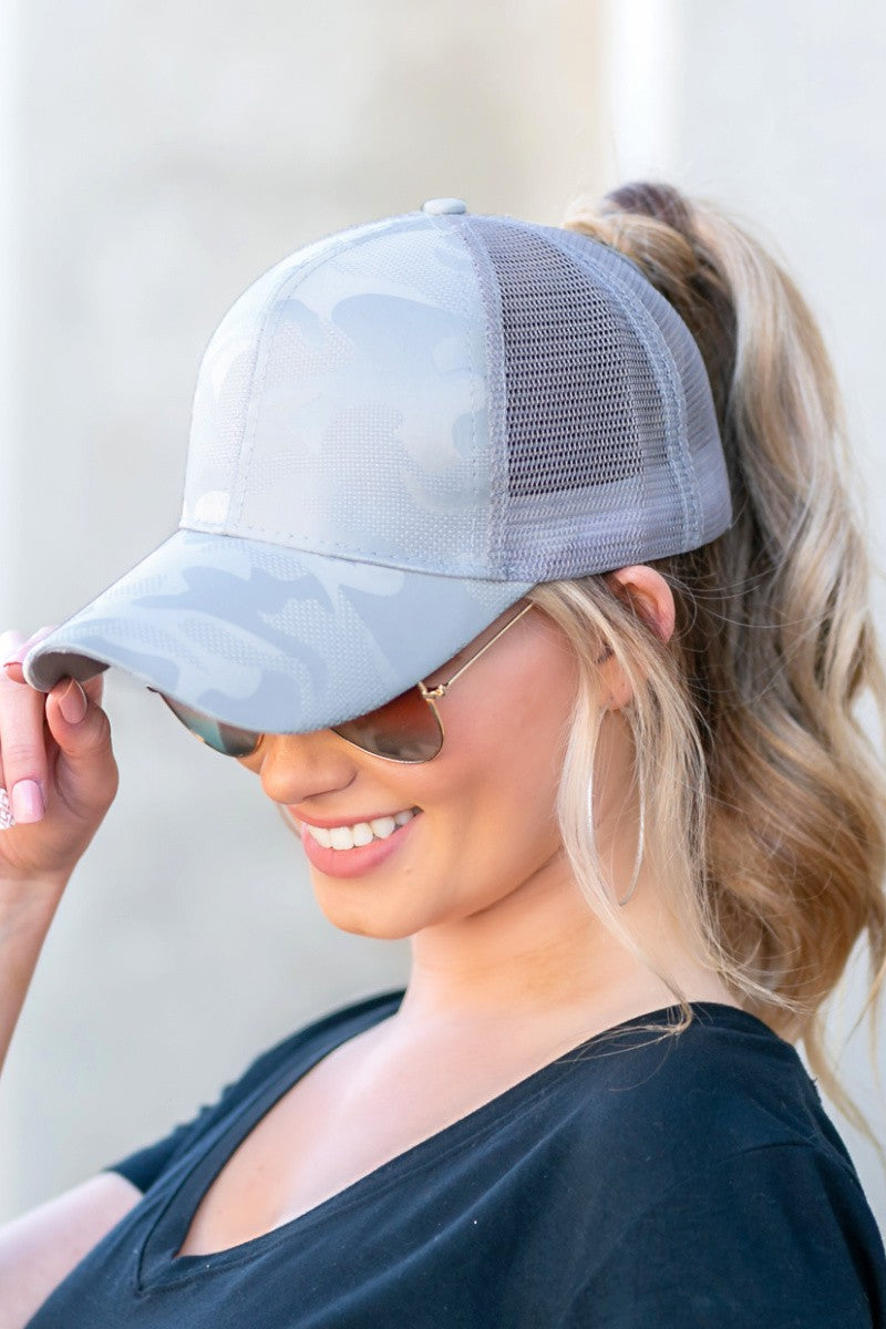 Gray Camo Messy Bun Cap