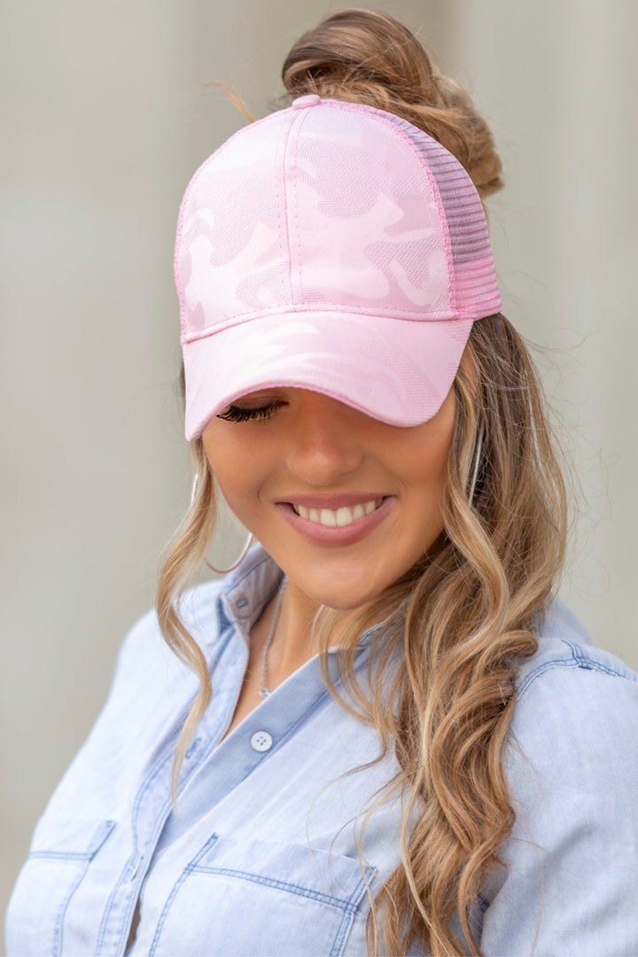 White Camo Messy Bun Cap