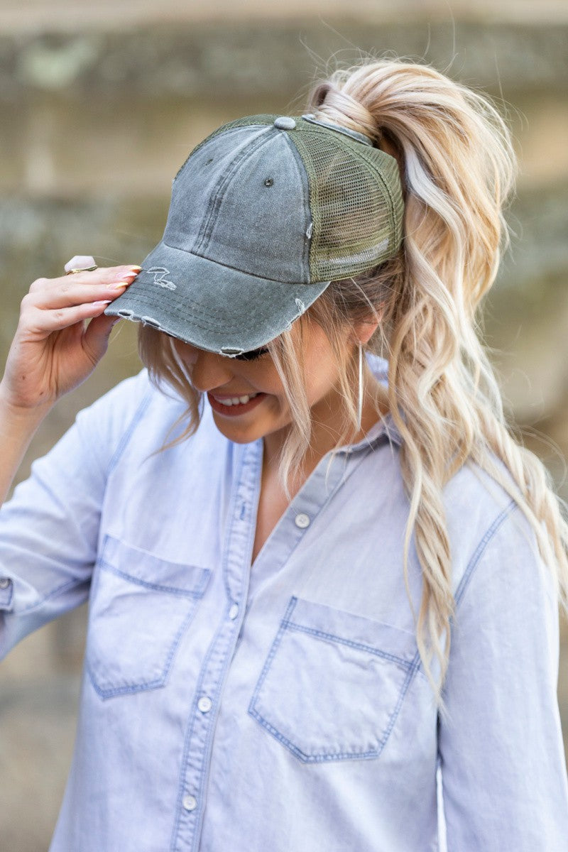 Navy Distressed Messy Bun Hat Cap