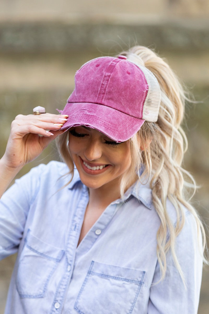 Rust Distressed Messy Bun Hat Cap