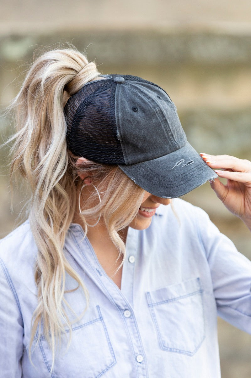 Black Distressed Messy Bun Hat Cap