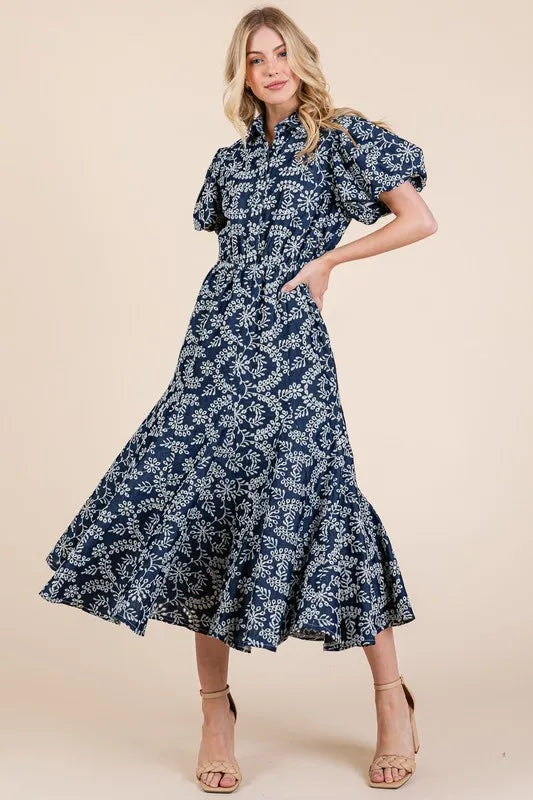 Navy Geegee Natural Leaf Pattern Eyelet Lace Puff Sleeve Dress