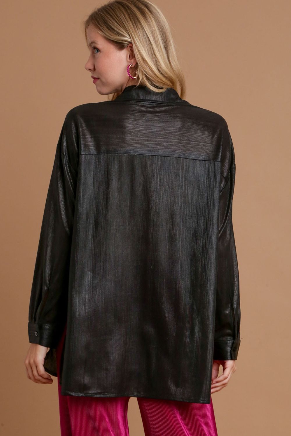 Black Umgee Side Slit Button Up Long Sleeve Shirt