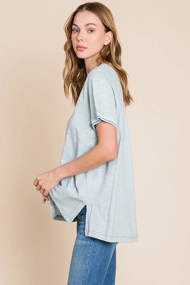 Seafoam Cotton Bleu By Nu Lab Contrast Trim Short Sleeve Slit T Shirt