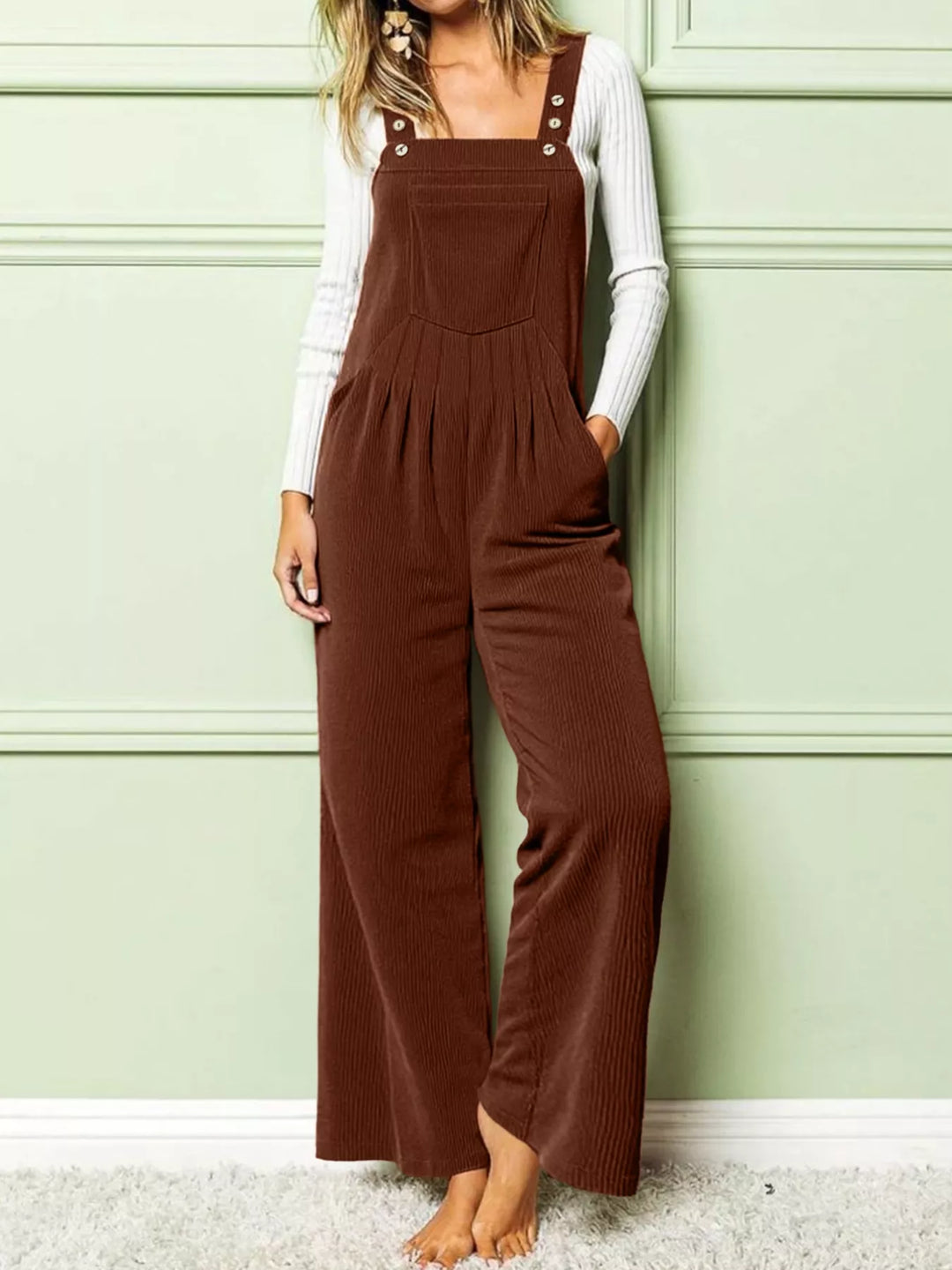 Brown Front Ruched Wide Leg Jumpsuit With Pockets