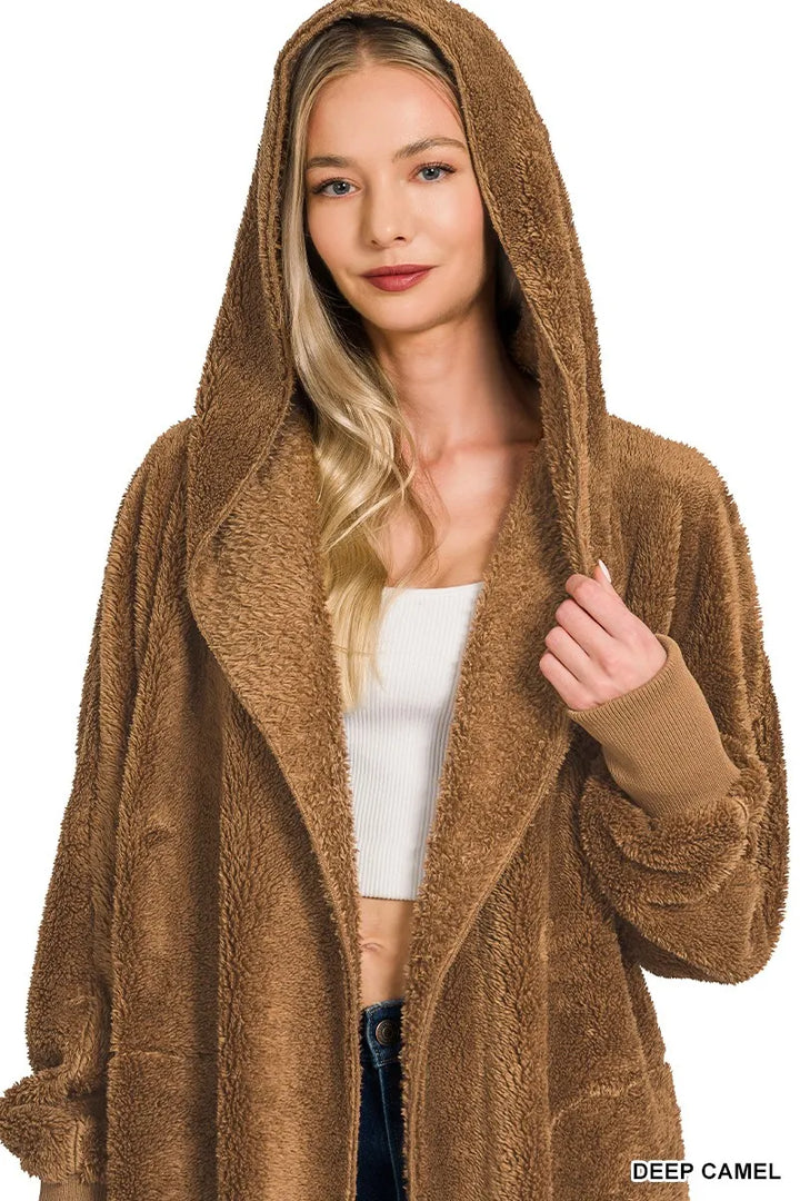 Zenana Hooded Faux Fur Jacket With Pockets 3