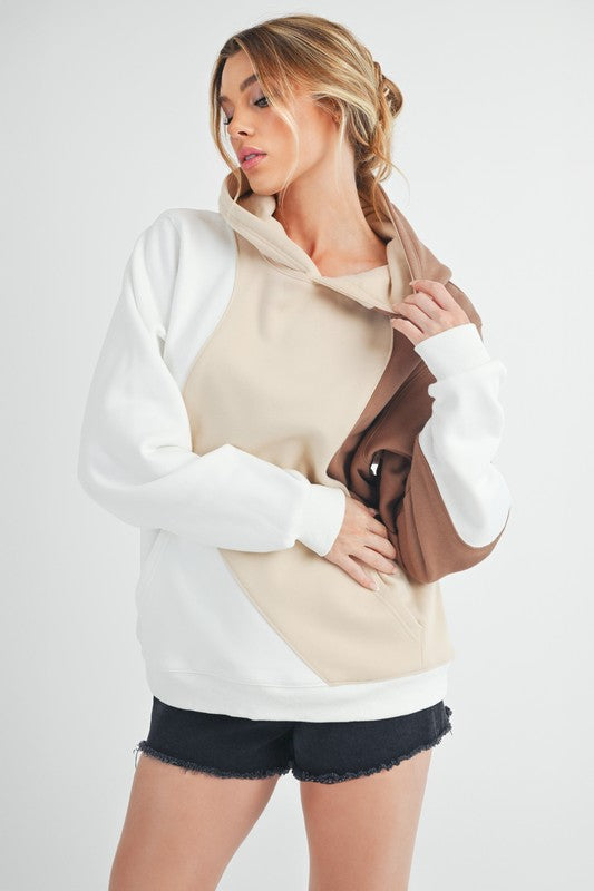 Sand Aemi Co Color Block Hoodie With Kangaroo Pocket