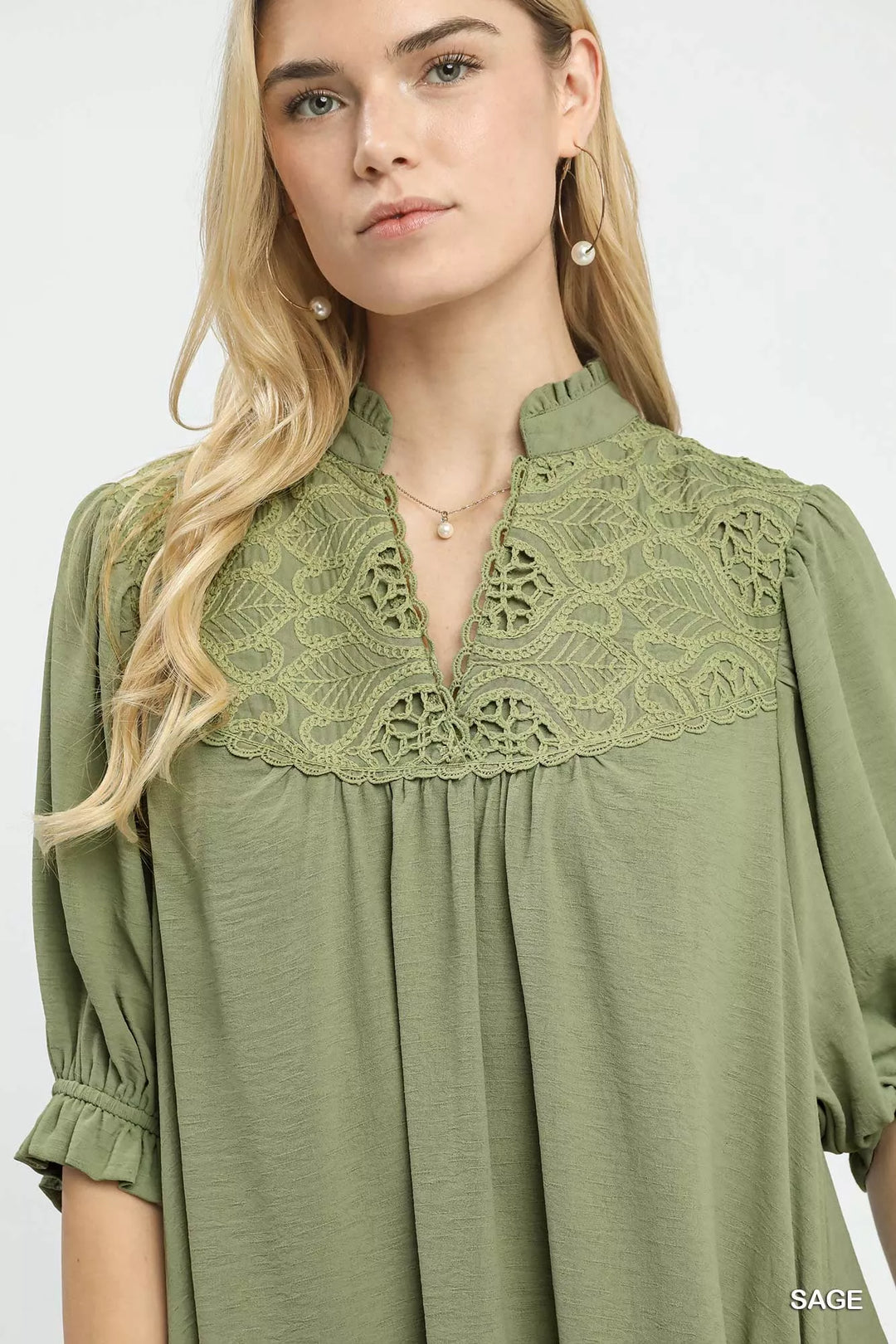 Umgee Lace Yoke Tiered Mini Dress