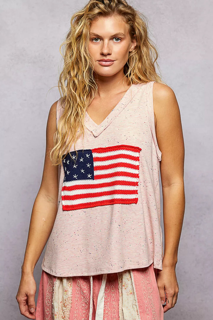 Pol V Neck Ribbed Tank With American Flag Patch And Star Back Patch