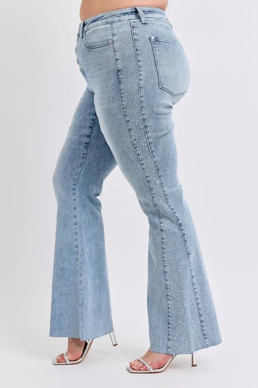Lt Judy Blue Full Size Mid Rise Rhinestone Side Panel Detail Flare Jeans Plus Size