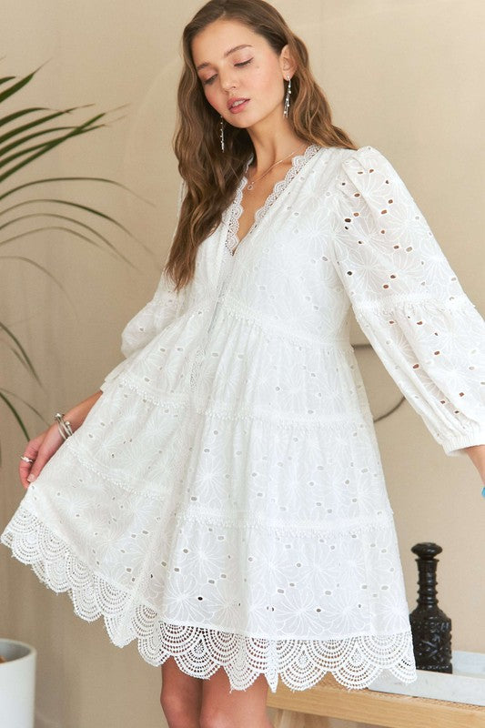Adora Lace Detail Tiered Eyelet V Neck Babydoll Dress