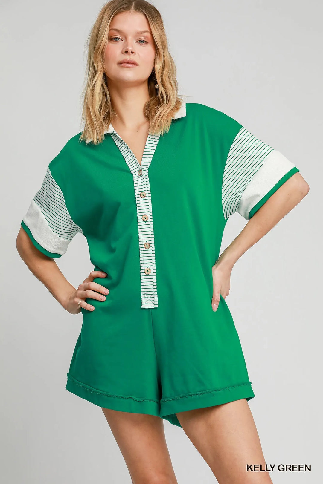 Kelly Green Umgee French Terry Collared Colorblock Romper 1