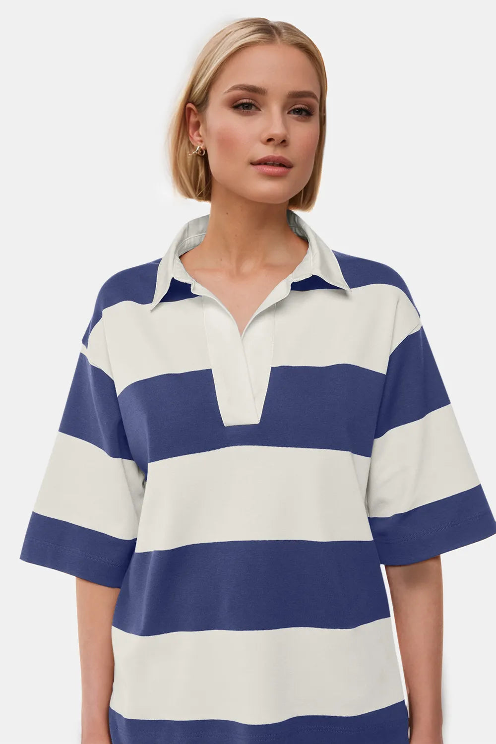 Dusty Blue Oh Pima Cotton Wash Color Block Johnny Collar Half Sleeve Top
