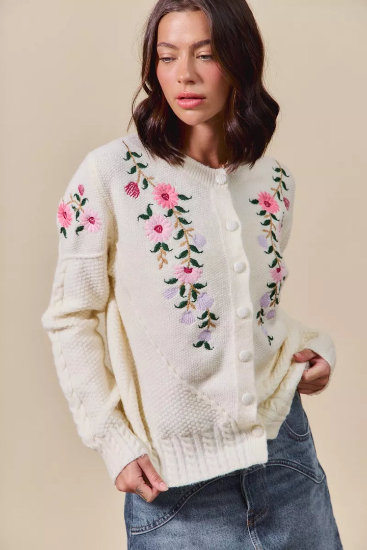 Ivory So Me Floral Embroidered Coquette Sweater Cardigan