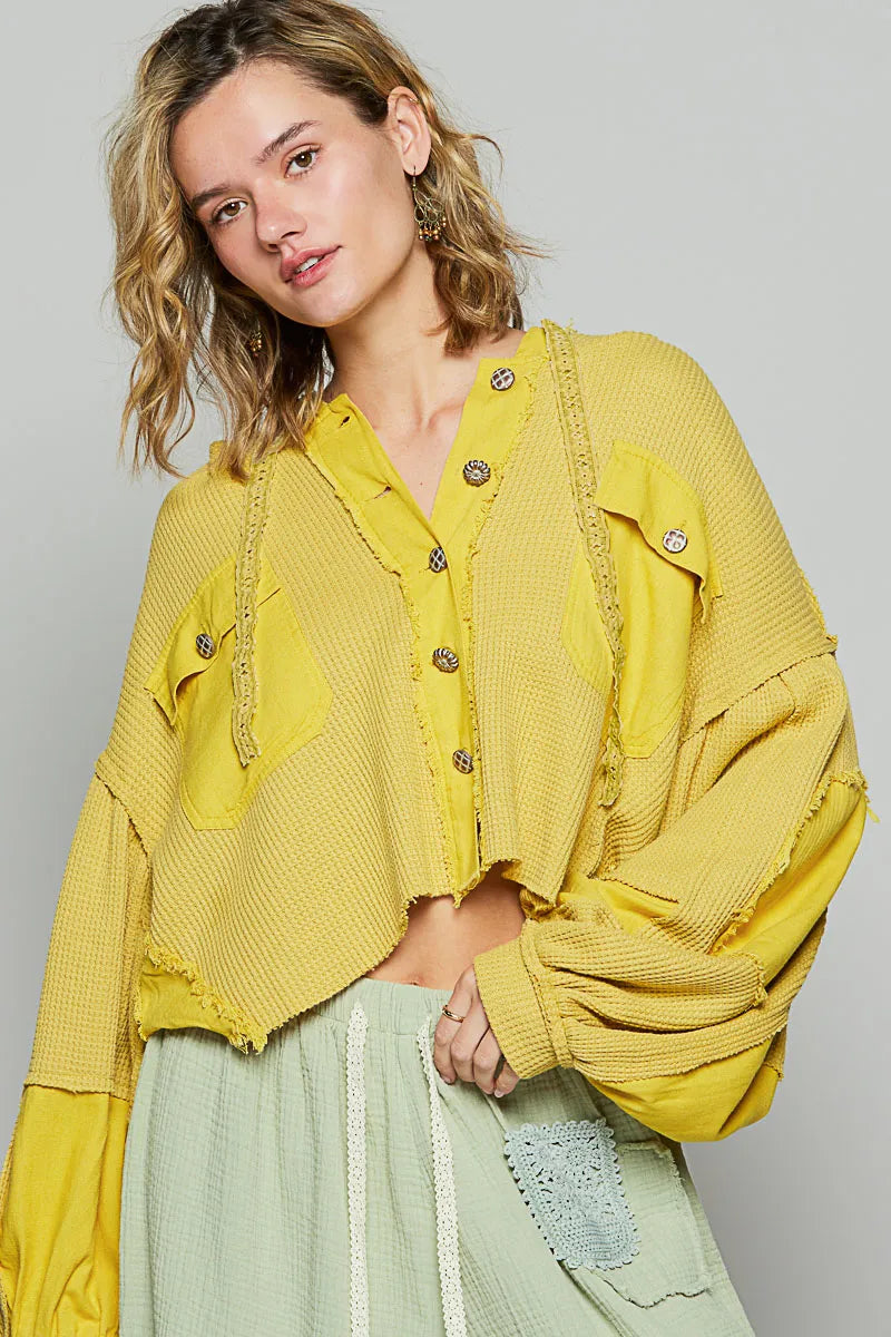 Yellow Pol Raw Hem Cropped Hooded Jacket