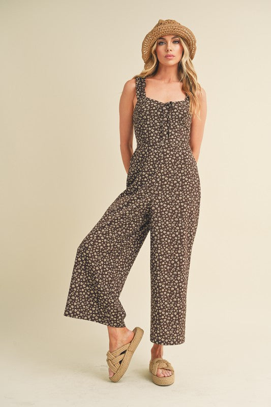 Chocolate Aemi Co Floral Sweetheart Neck Wide Leg Jumpsuit