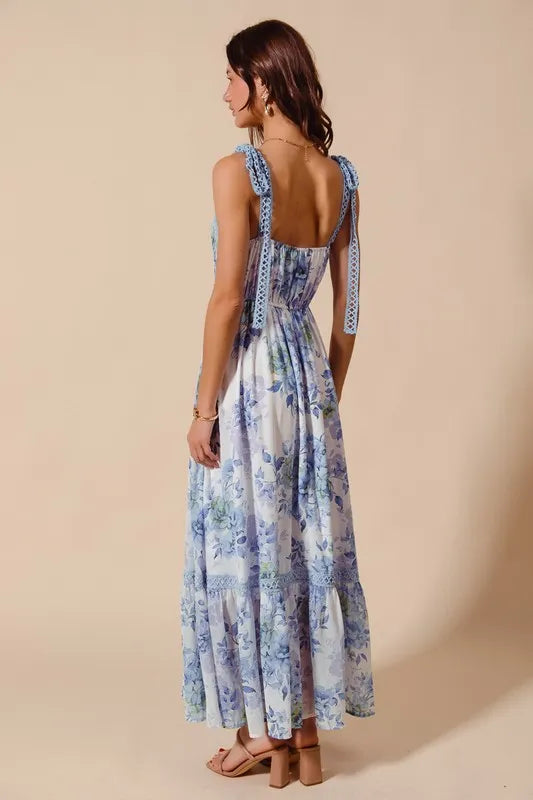 Off White/Blue So Me Floral Print Flowy Maxi Dress With Lace Ribbon Tie