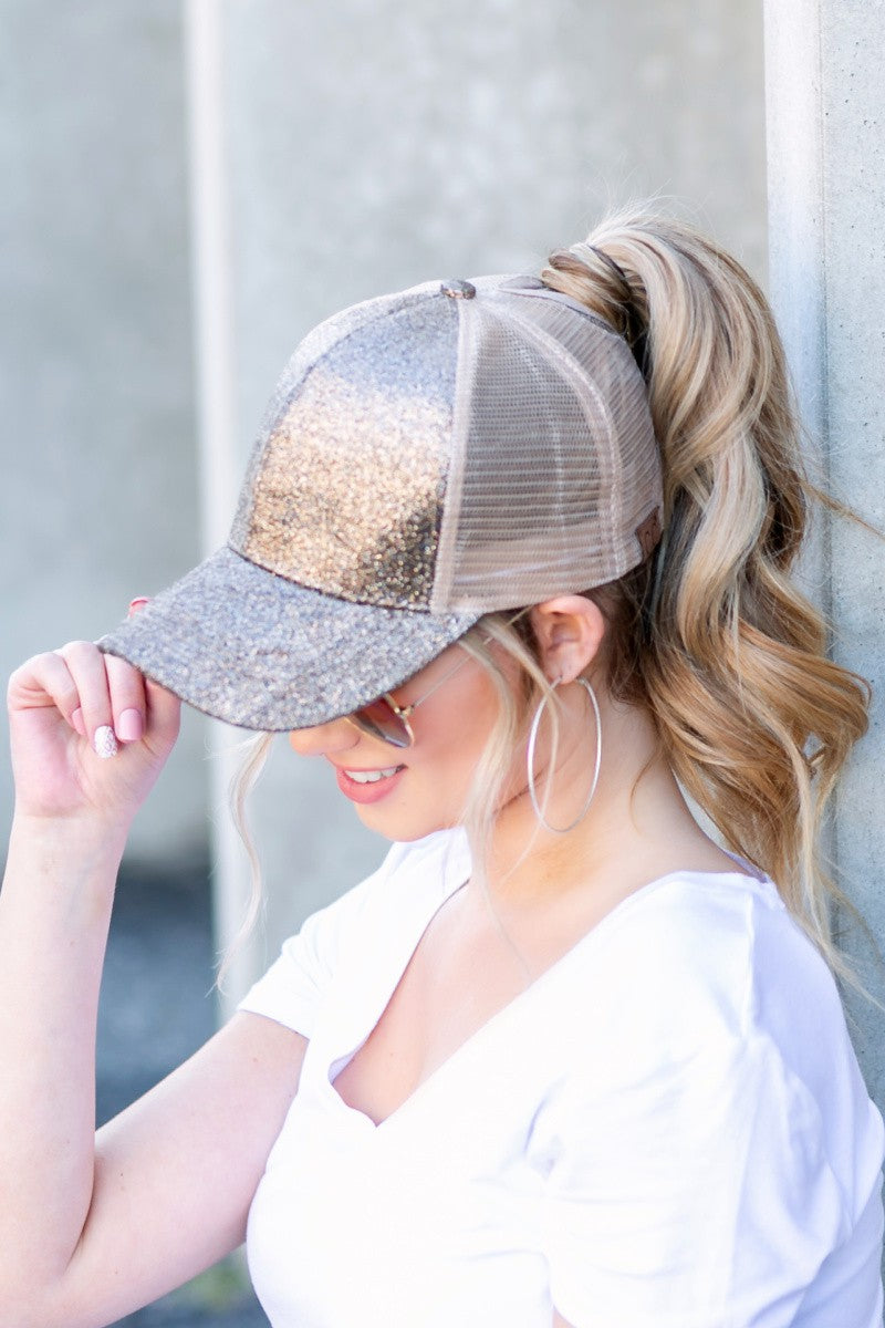 Hot Pink Cc Glitter Messy Bun Hat Cap