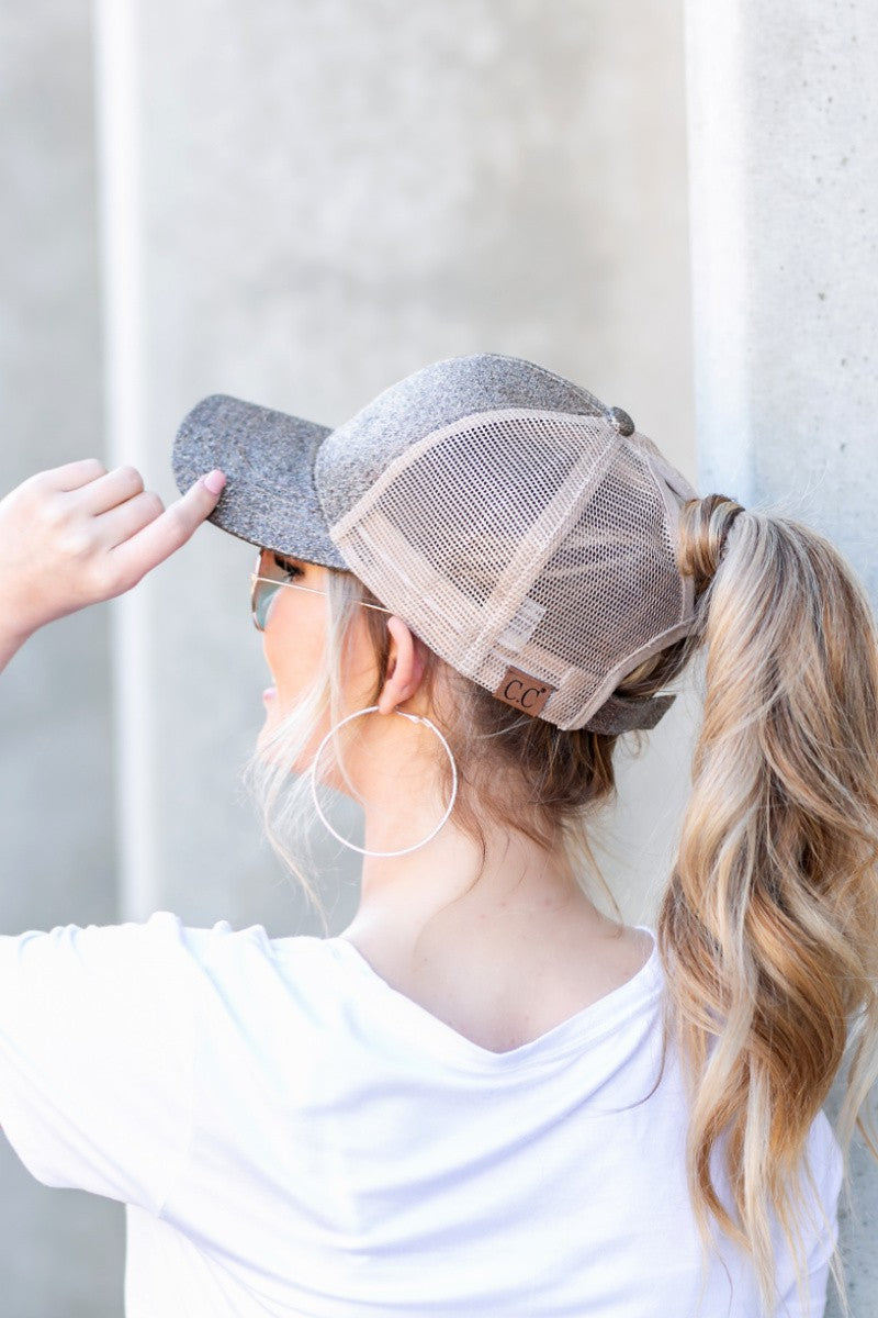 Pink Cc Glitter Messy Bun Hat Cap