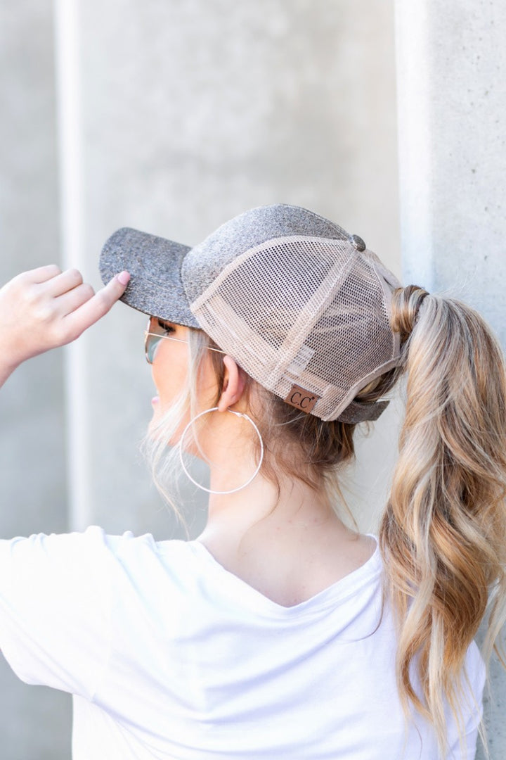 Pink Cc Glitter Messy Bun Hat Cap