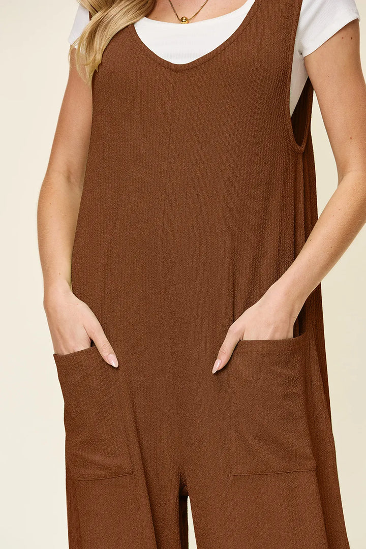 Caramel Double Take Full Size Texture Sleeveless Wide Leg Jumpsuit