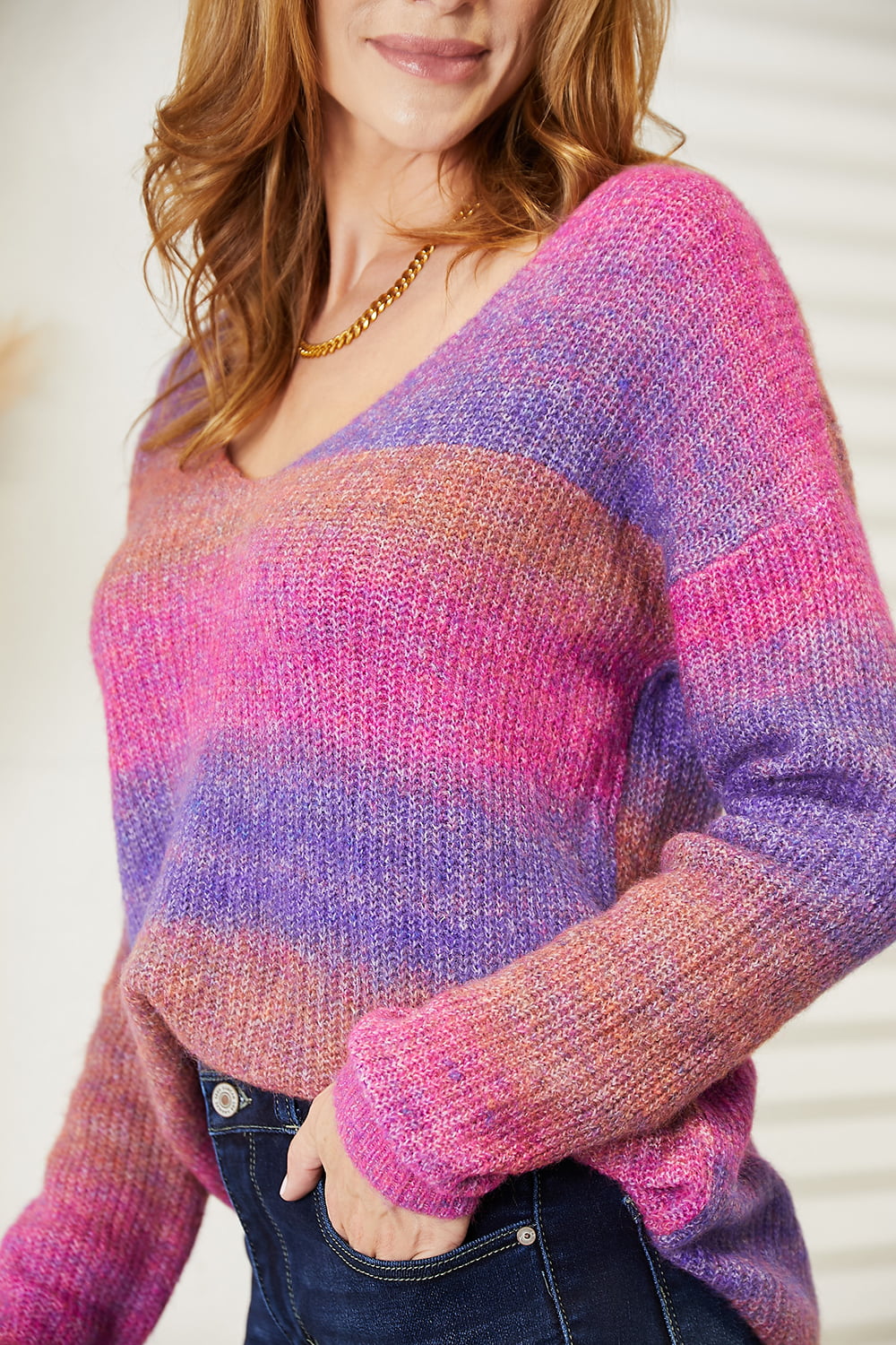 Angel Wings Multicolored Rib Knit V Neck Knit Pullover
