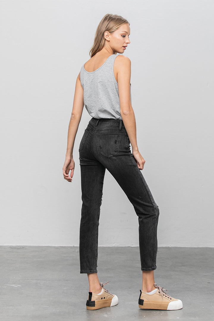 Black Mid Rise Distressed Straight Jeans