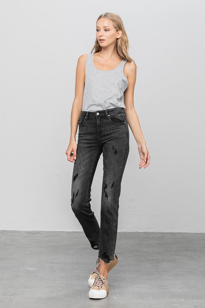 Black Mid Rise Distressed Straight Jeans
