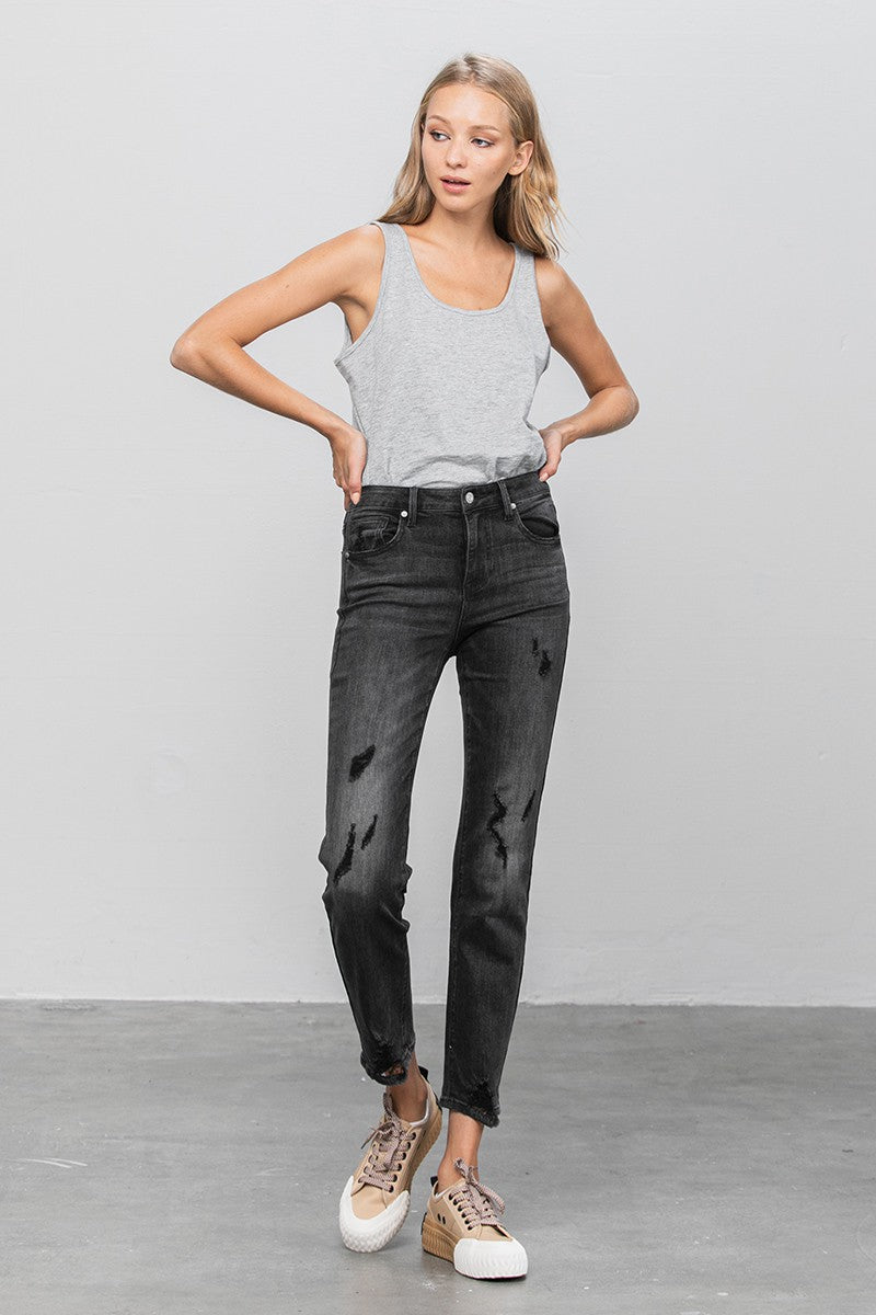 Black Mid Rise Distressed Straight Jeans