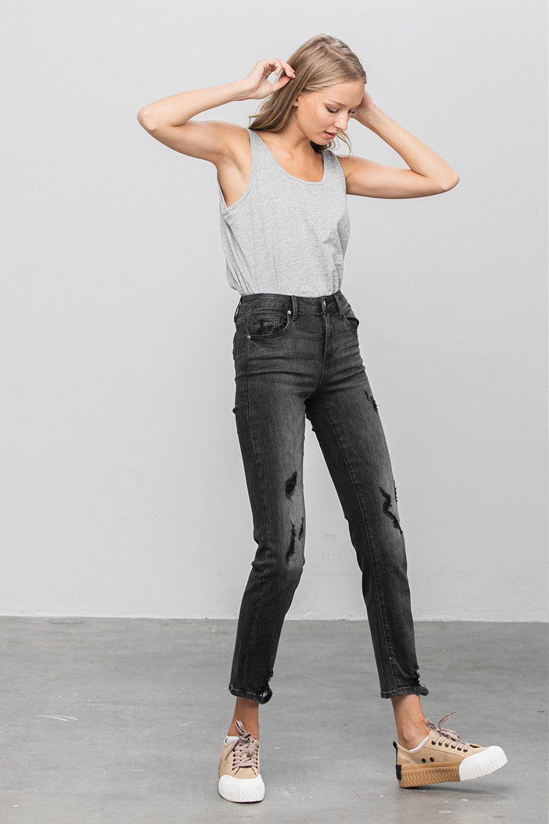 Black Mid Rise Distressed Straight Jeans